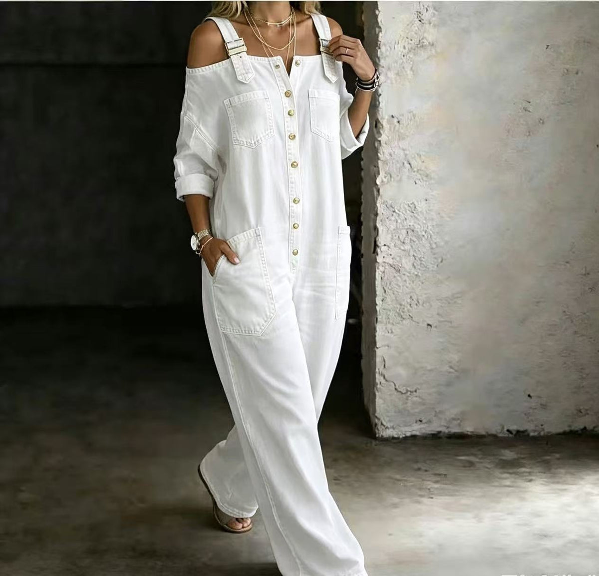 Women Off Shoulder Wide Leg Denim Jumpsuit