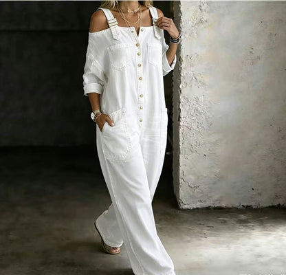 Women Off Shoulder Wide Leg Denim Jumpsuit