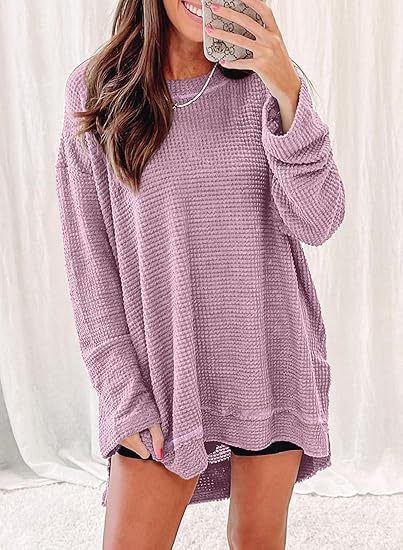 Oversized Waffle Knit Crew Neck Side Slit Long Sleeve Tunic