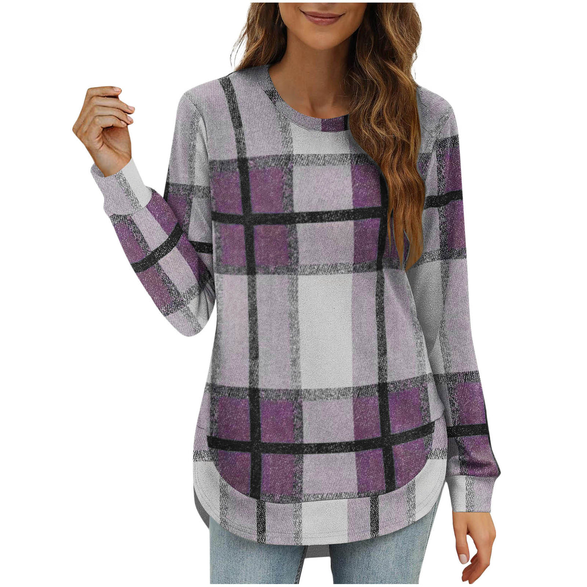 Women's Plaid Oversized Long Sleeve Crew Neck Tunic Top