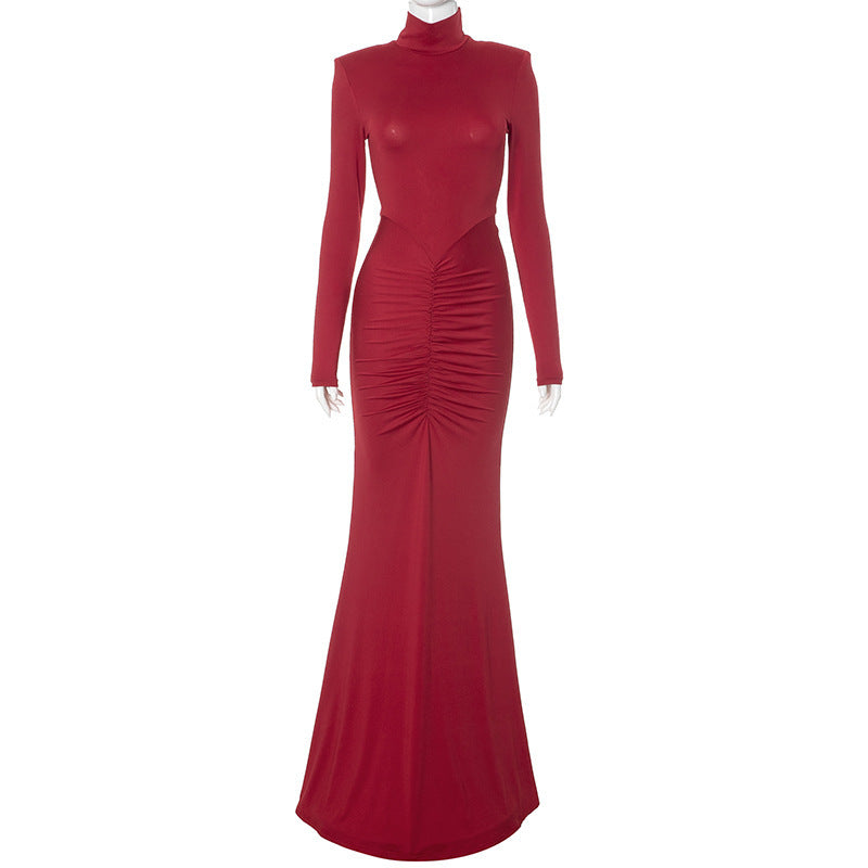 Mock Neck Padded Shoulder Ruched Bodycon Mermaid Maxi Dress