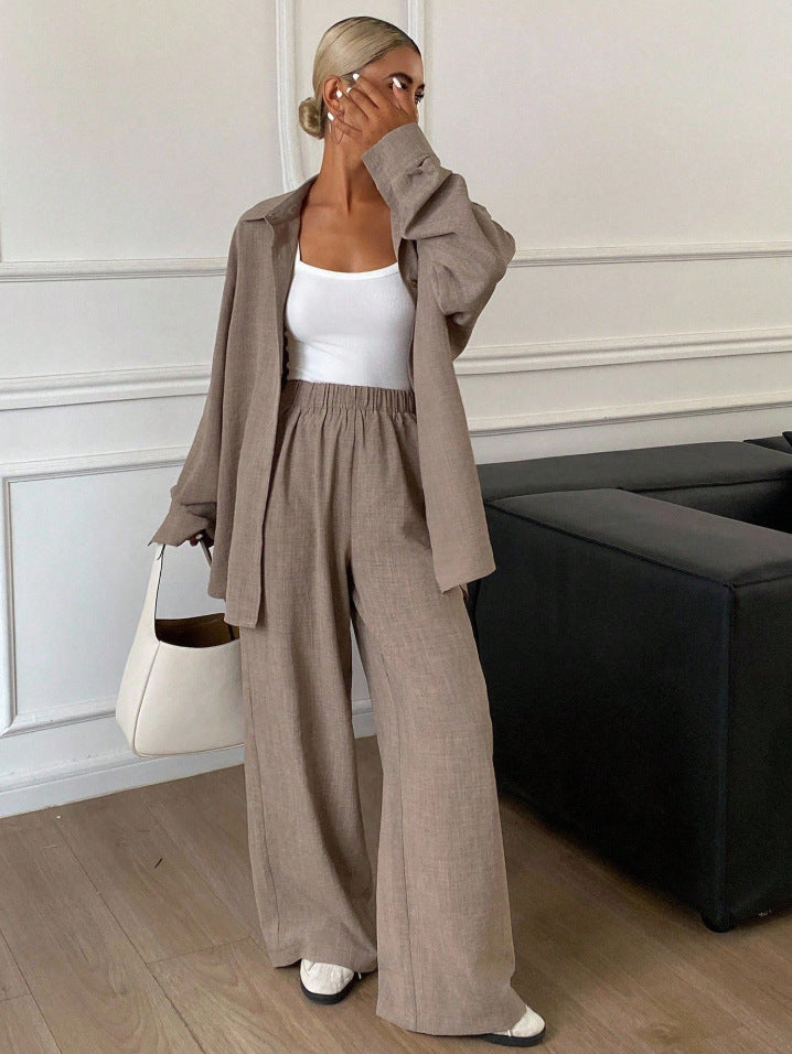 Women's Linen Shirt and Wide Leg Pants Matching Set