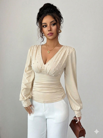 Black Pearl Studded V-Neck Long Sleeve Slim Fit Top Women