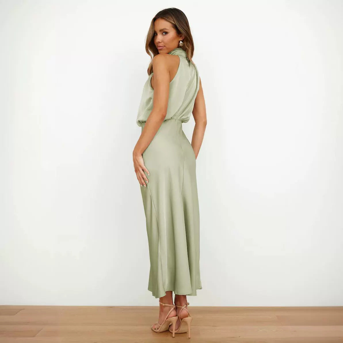 Satin Sleeveless Dress, Elegant Celebrity Evening Dress