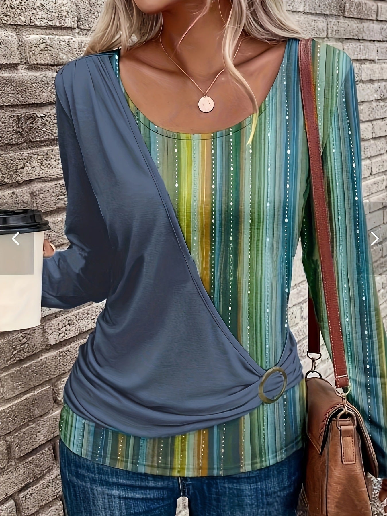 Women's Striped Color Block Tie Side Long Sleeve Top
