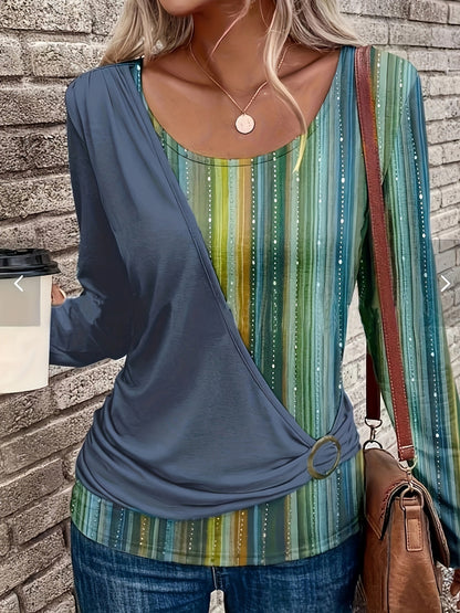 Women's Striped Color Block Tie Side Long Sleeve Top