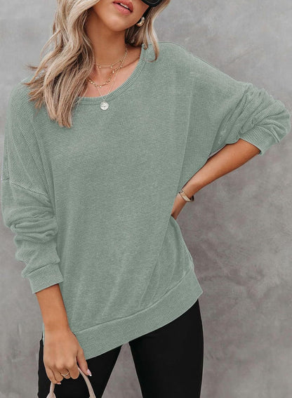 Waffle Split Hem Sweatshirt Women Casual Long Sleeve Top