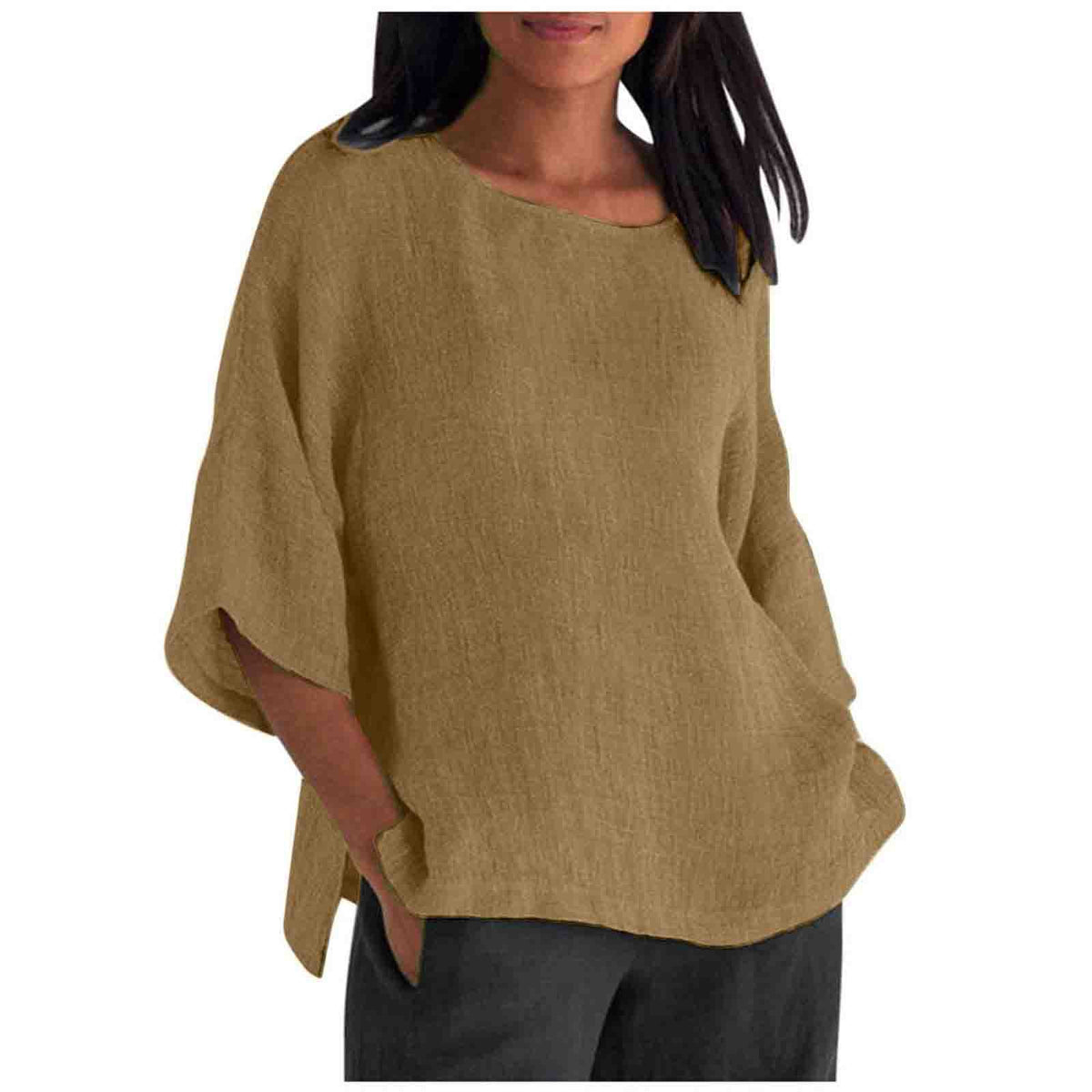 Women's Linen Top Oversized 3/4 Sleeve Round Neck 25 Colors