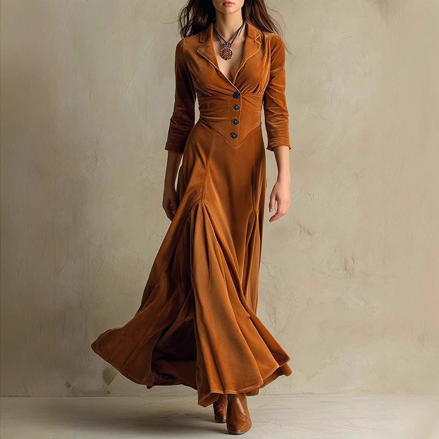 Collared Button Maxi Dress 3/4 Sleeve High Waist Flared