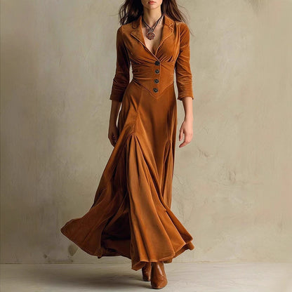 Collared Button Maxi Dress 3/4 Sleeve High Waist Flared