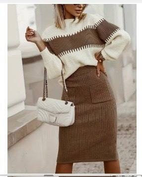 Women's Striped Sweater & Skirt Two Piece Knit Set