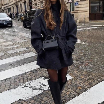 Women's Belted Stand Collar Coat Mid-Length Black