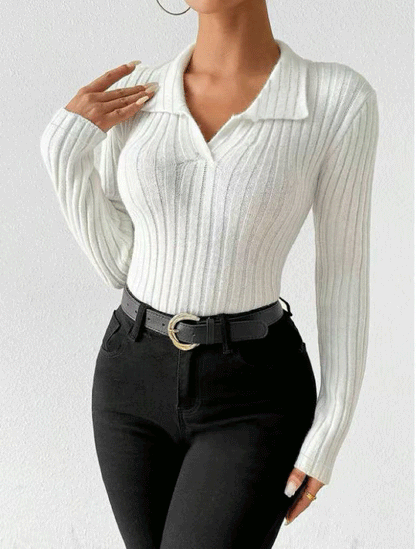 Women's Ribbed Knit Collared V Neck Long Sleeve Top