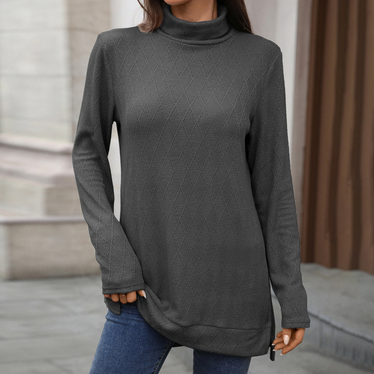 Women's Oversized Turtleneck Long Sleeve Tunic Side Slit