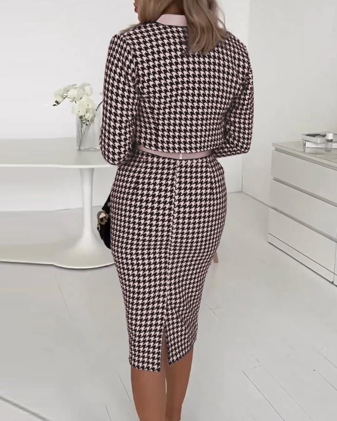 Women's Houndstooth 3 Piece Skirt Set Long Sleeve