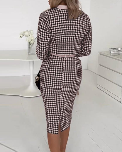 Women's Houndstooth 3 Piece Skirt Set Long Sleeve
