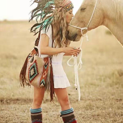 Boho Woven Canvas Tassel Shoulder Bag for Women