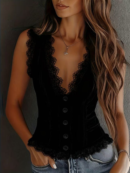 Women's Western Lace V Neck Button Front Corset Vest