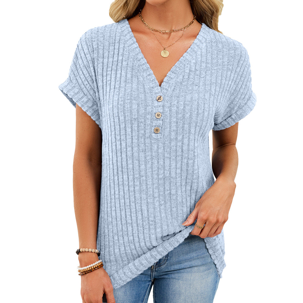 Ribbed Button V-Neck Top – Relaxed Fit Casual Summer Tee