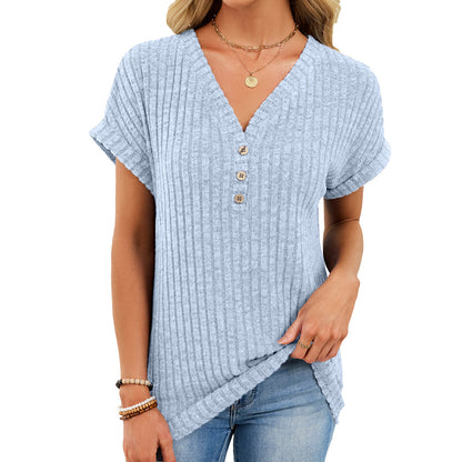 Ribbed Button V-Neck Top – Relaxed Fit Casual Summer Tee