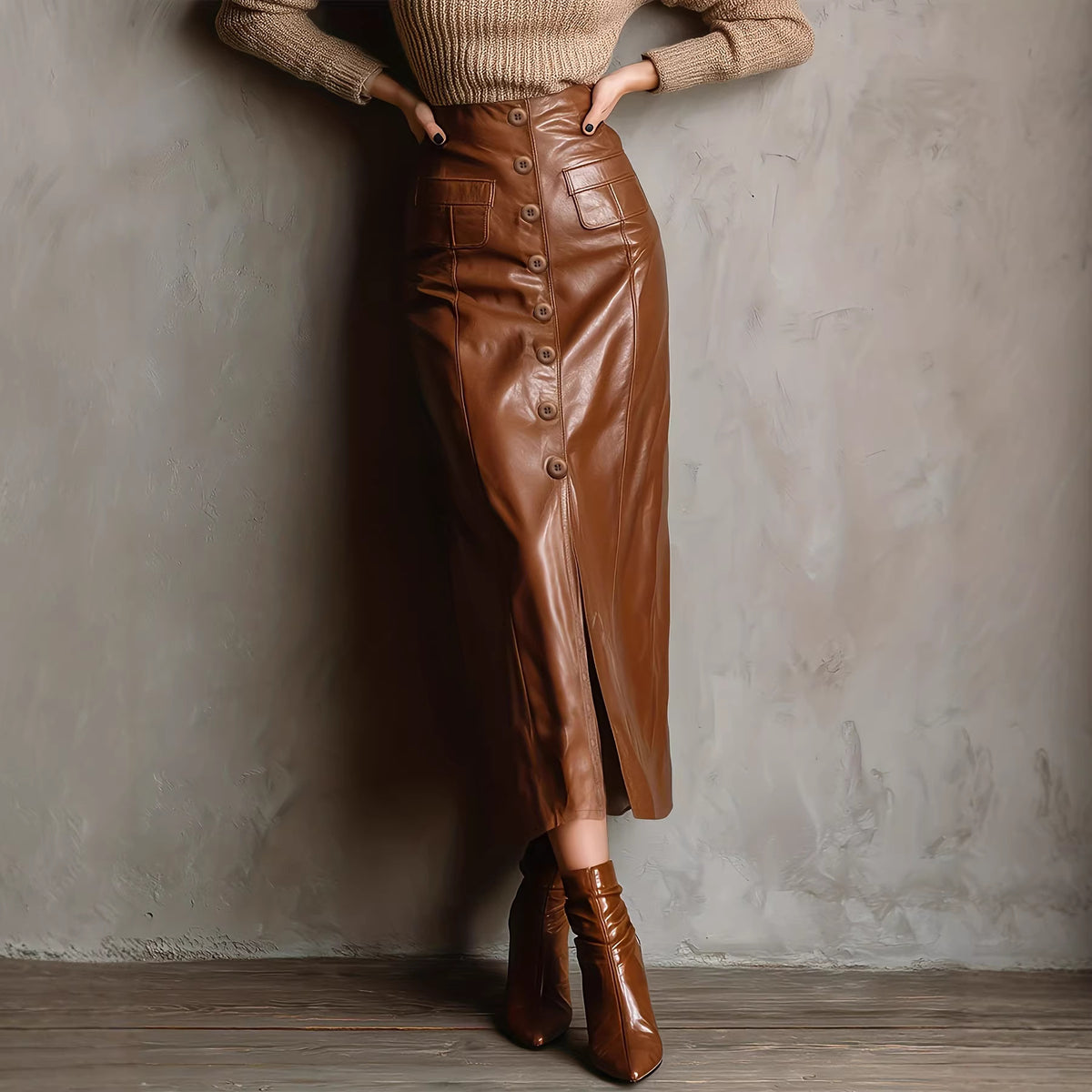High Waist Faux Leather Button Front Slit Maxi Skirt