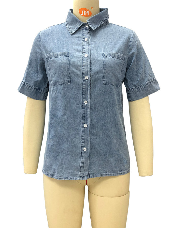 Loose Fit Denim Shirt Women Collared Short Sleeve Top