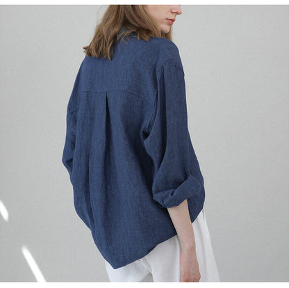 High-End Linen Shirt Women Spring Oversized Turn-Down Collar
