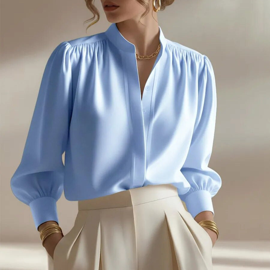 Women's Satin Puff Sleeve Blouse Mandarin Collar Top
