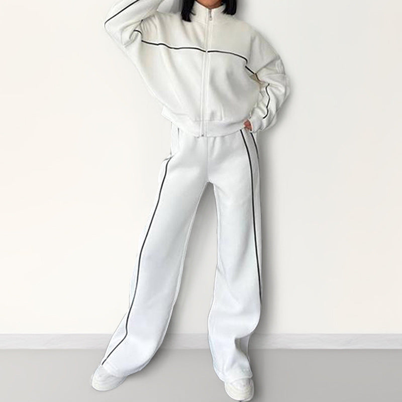 Women's Striped 2 Piece Tracksuit Zip Jacket Wide Leg Pants