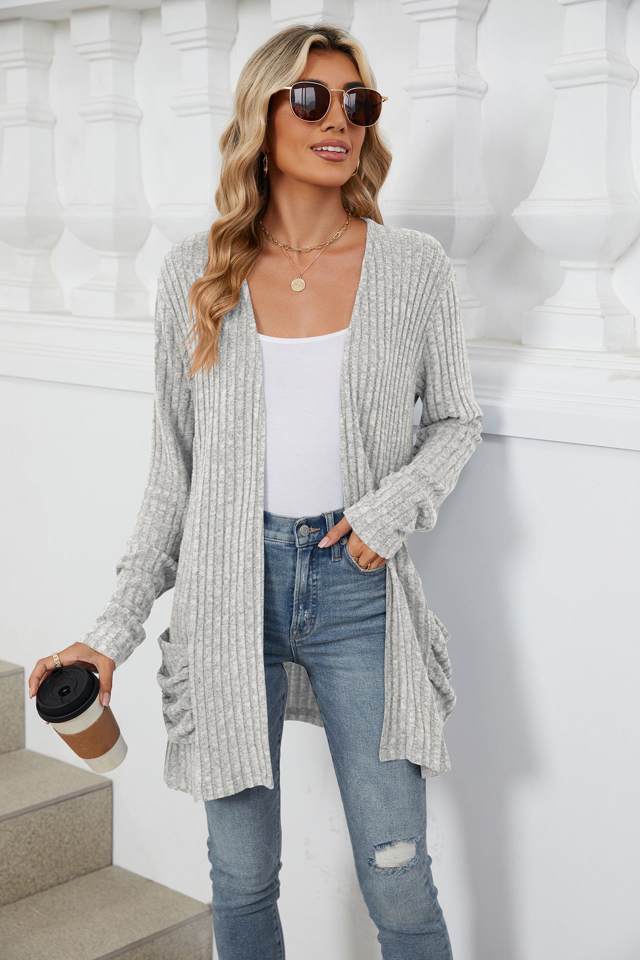 Simple Pocketed Long Sleeve Cardigan Knit Top