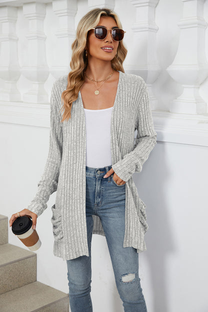 Simple Pocketed Long Sleeve Cardigan Knit Top