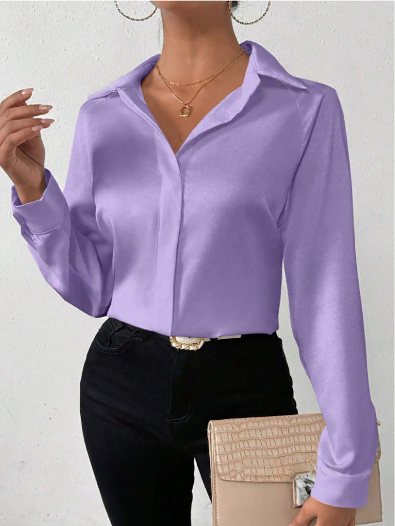 Women's Satin Long Sleeve Button Down Blouse