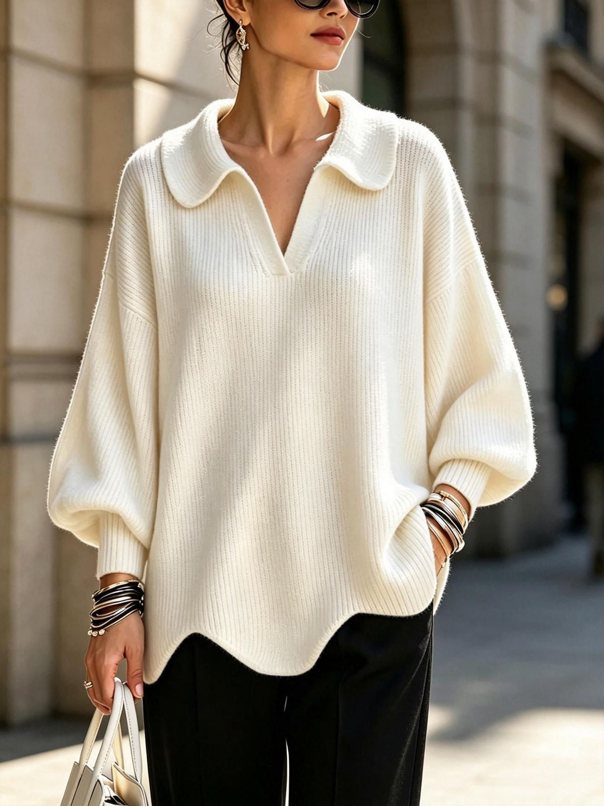 Women's Oversized Collar V-Neck Balloon Sleeve Sweater