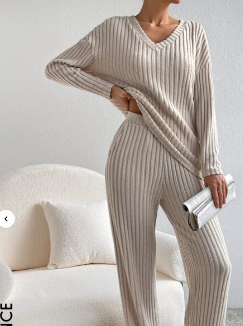 Women's Ribbed Knit V Neck Lounge Set Straight Leg Pants
