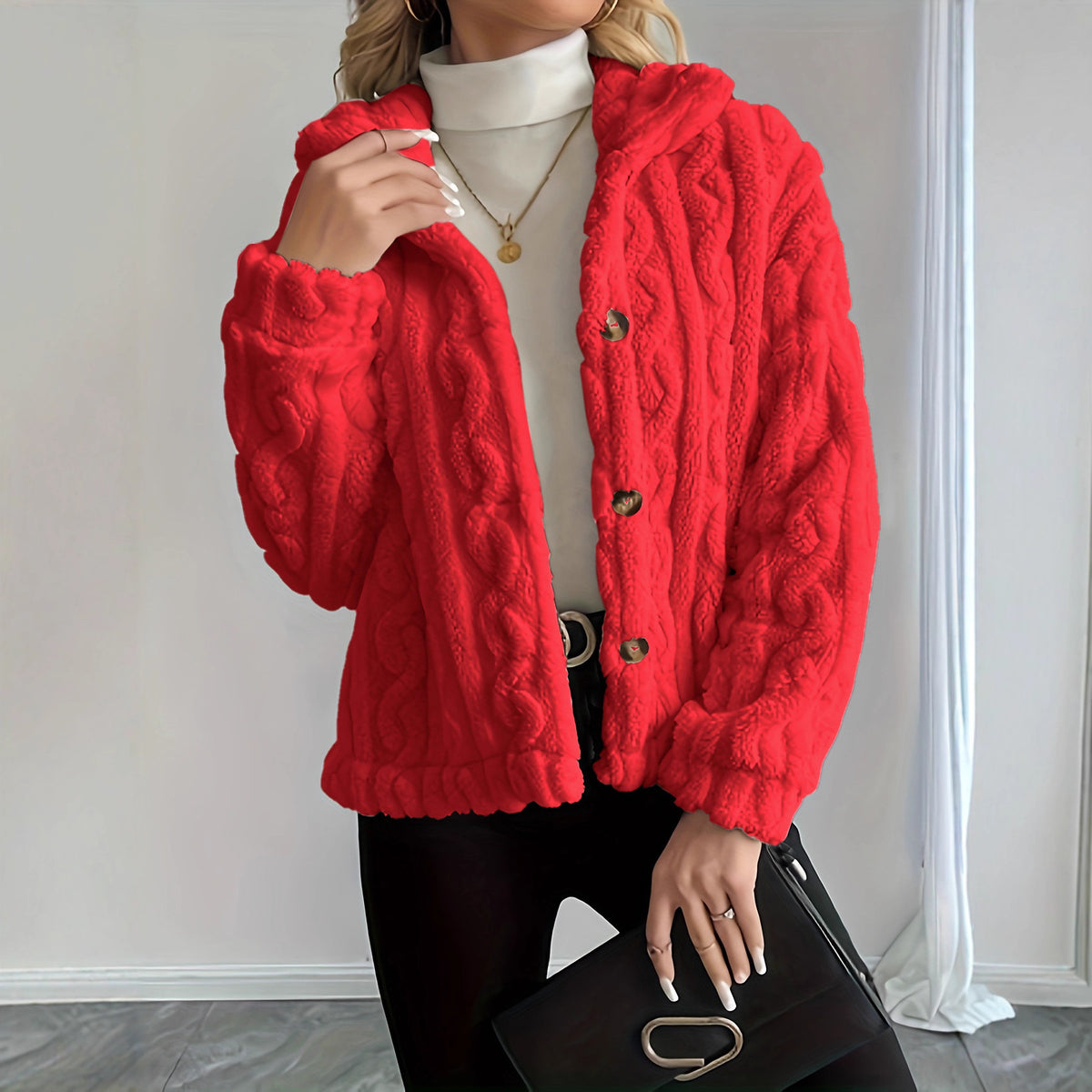 Women's Sherpa Cable Knit Button Up Winter Jacket