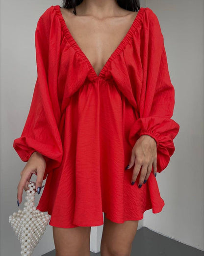 Women's V Neck Puff Sleeve Ruched Mini Flare Dress