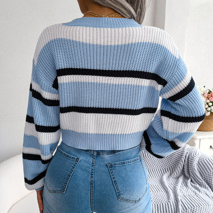 Striped Knit Crop Sweater Long Sleeve Casual Top