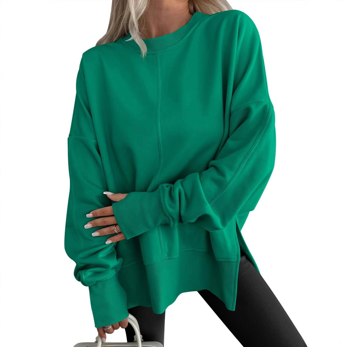 Oversized Crewneck Sweatshirt Batwing Side Slit Fleece