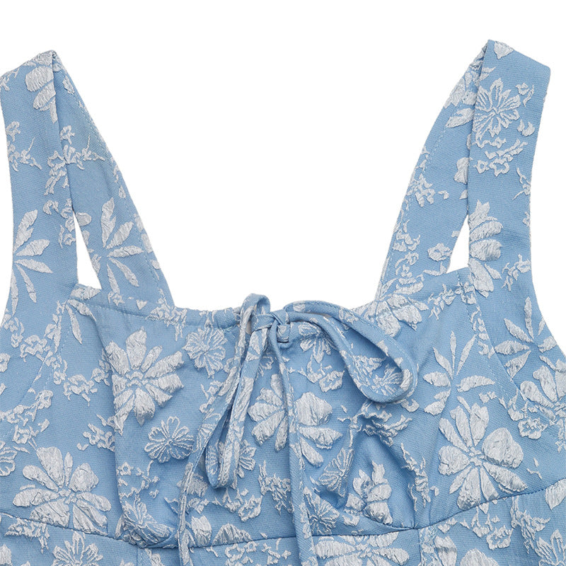 Blue Jacquard Square Neck Dress Sleeveless A-Line Mid-Length