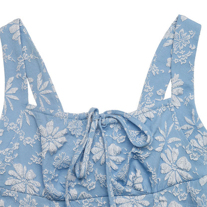 Blue Jacquard Square Neck Dress Sleeveless A-Line Mid-Length