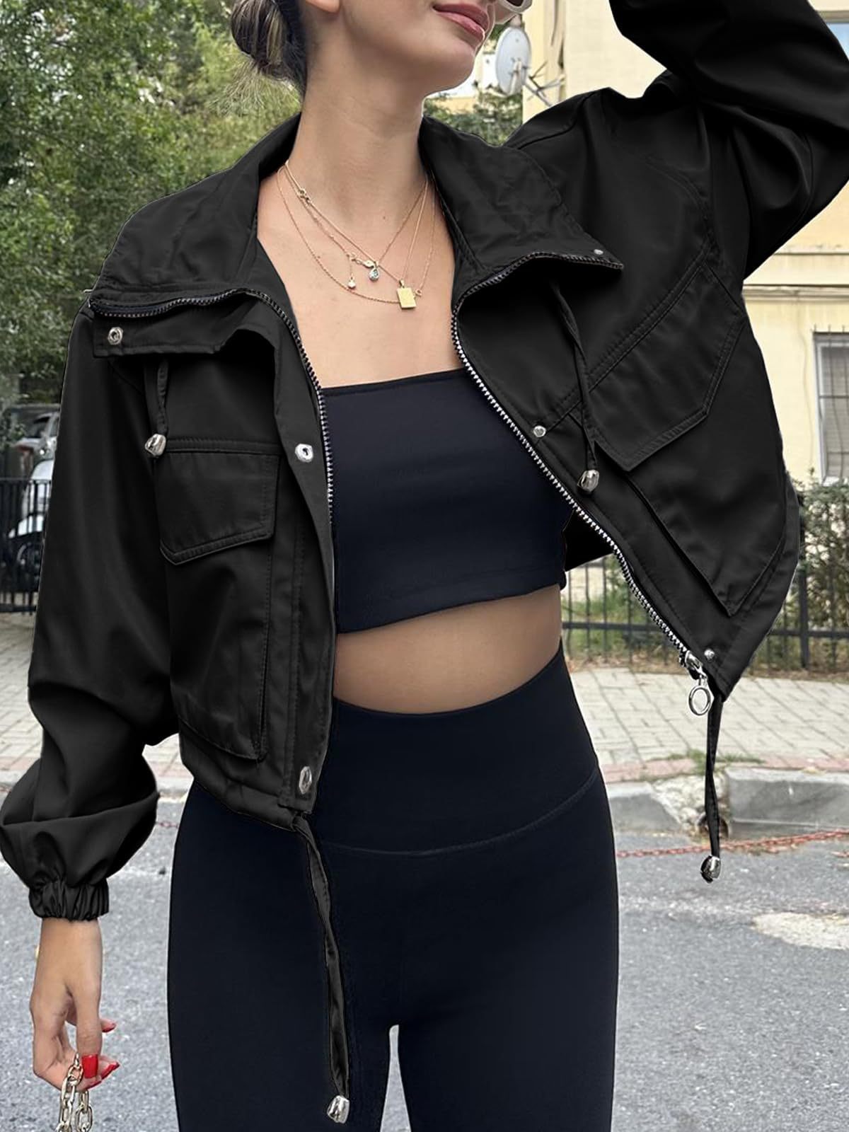 Women's Oversized Zip Up Cropped Jacket Pockets