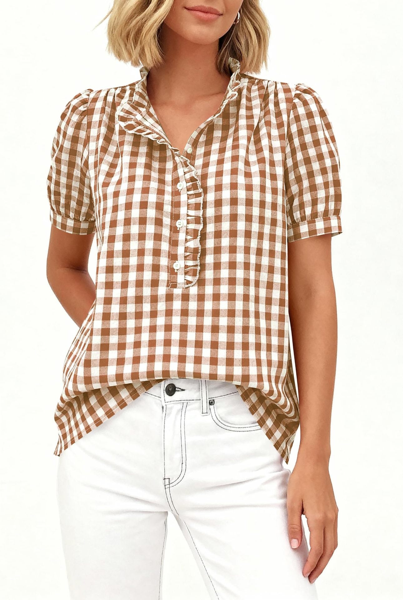 Gingham Ruffle Puff Sleeve Button Blouse Top