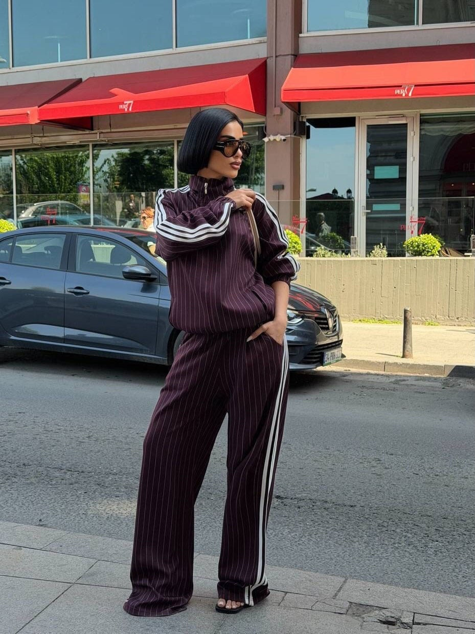 Women Side Stripe Zip Jacket Wide Leg Pants Two Piece Set