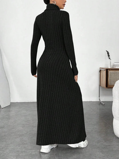 Women's Ribbed Turtleneck Long Sleeve A-Line Maxi Dress