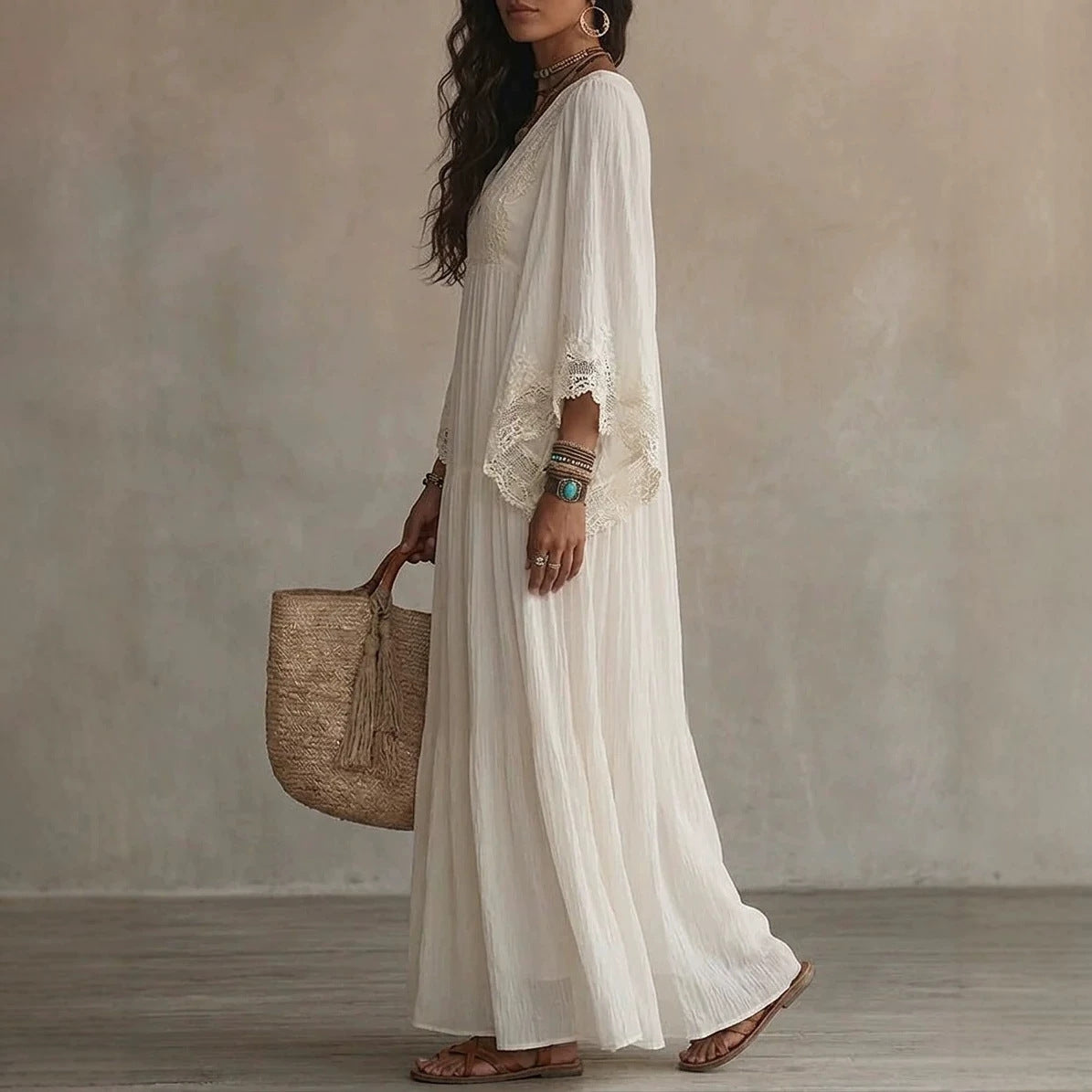 Women's Boho Lace Chiffon Long Sleeve Maxi Dress
