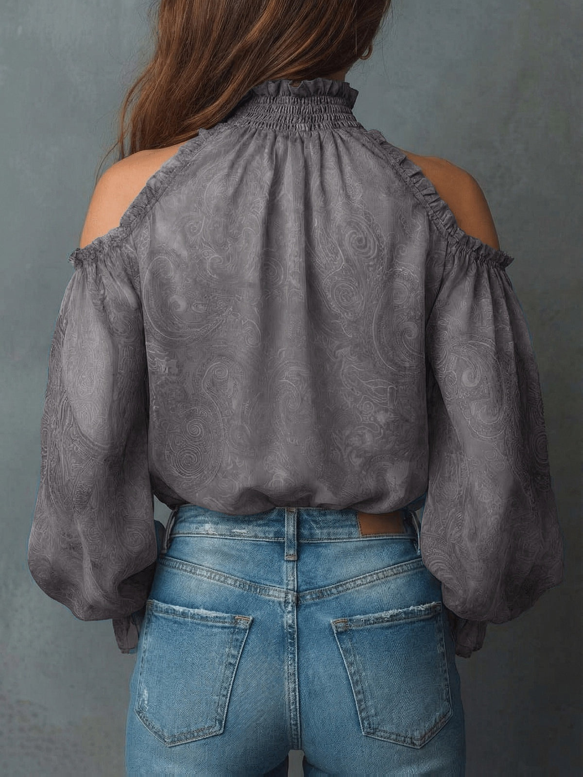 Cold Shoulder Paisley Blouse Balloon Sleeve Smocked Neck