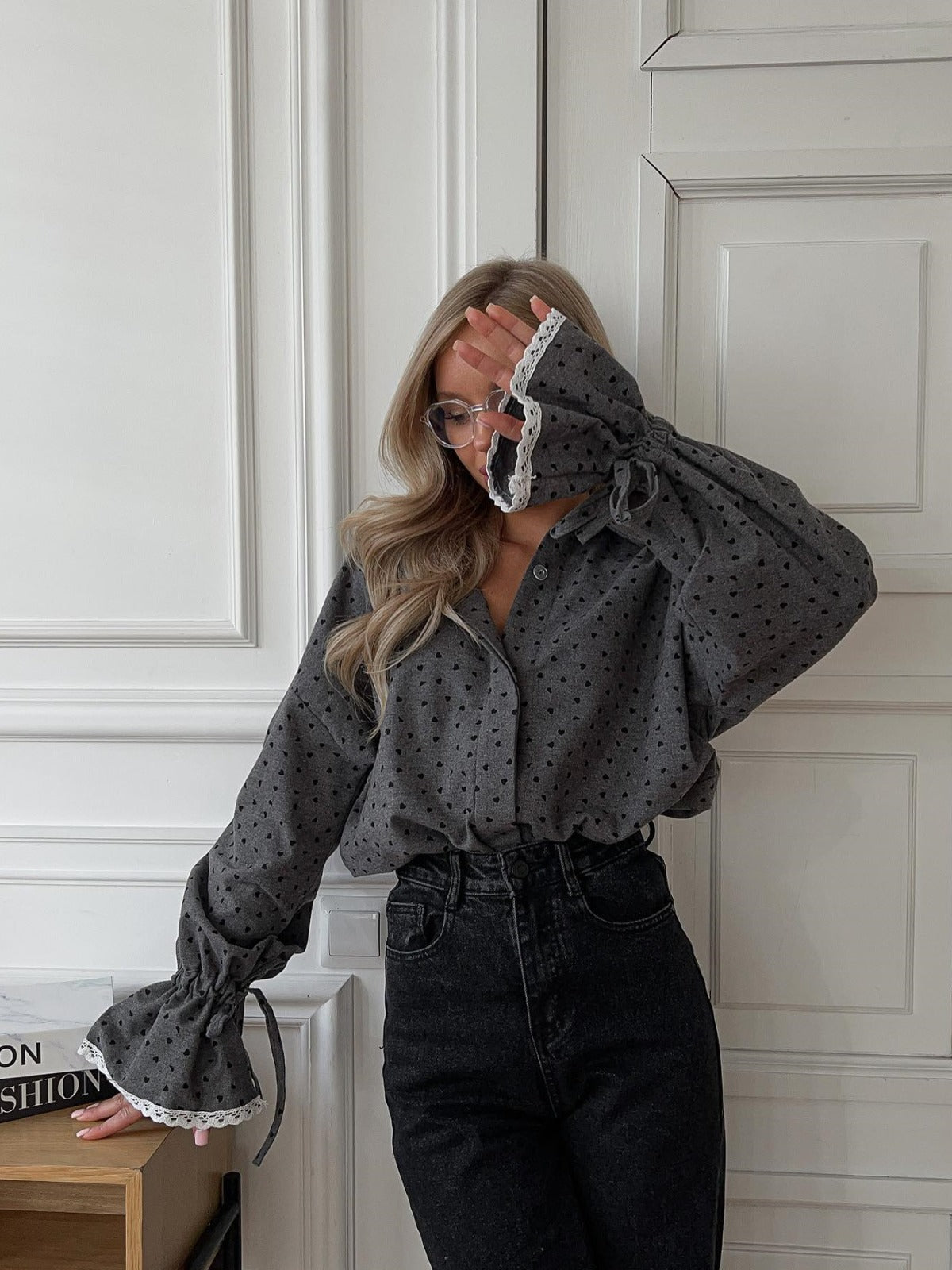 Oversized Polka Dot Lace Cuff Button Up Blouse