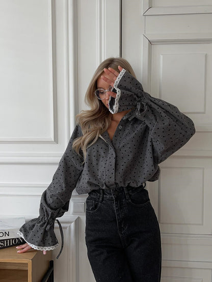 Oversized Polka Dot Lace Cuff Button Up Blouse