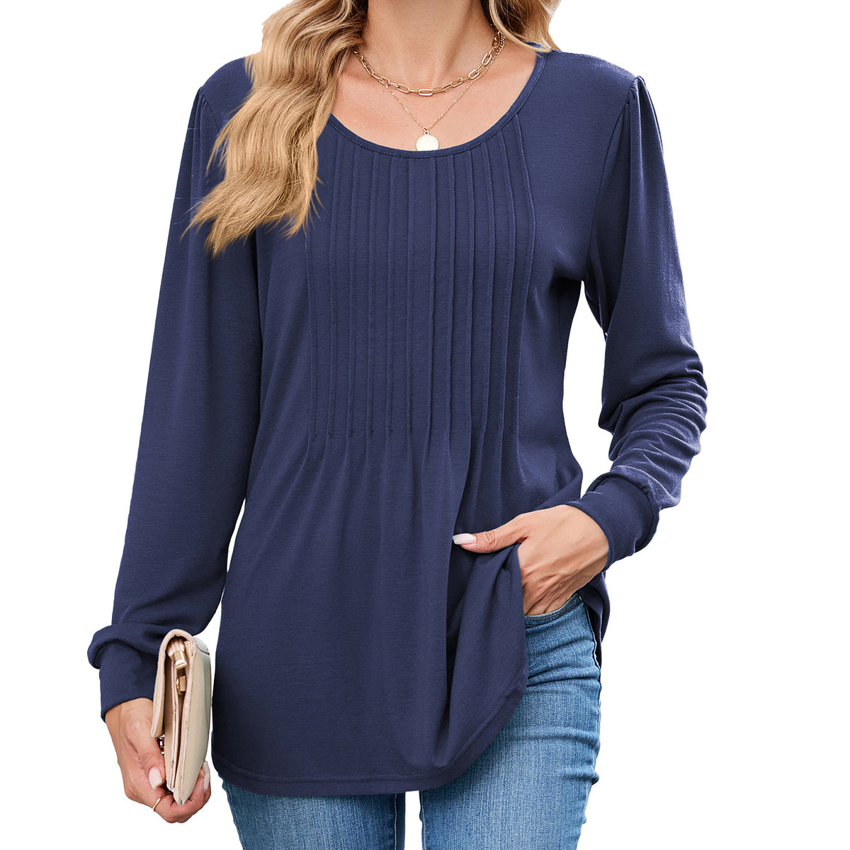 Women's Long Sleeve Pleated Tunic Top Loose Casual Blouse