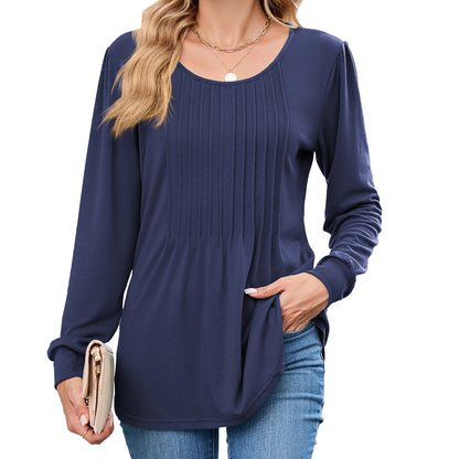Women's Long Sleeve Pleated Tunic Top Loose Casual Blouse